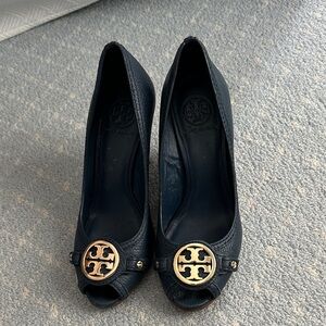 Tory Burch Navy Leather Peep-Toe Heels with Gold Logo Medallions